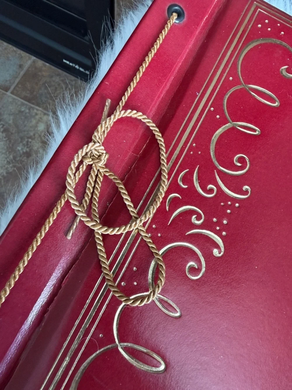 Vintage red scrapbook gold embossed scrollwork royal crest regal unused 15x10”